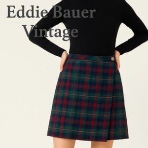Eddie Bauer Skirt‎ wool plaid - Green Red Navy mini embroidered wrap *VTG sz 12